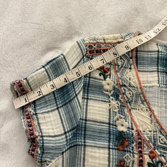 Johnny Was Workshop Juliene Estelle Floral Embroidered Plaid 90s Y2K Top Large - Picture 12 of 13